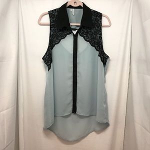 Studio Y Sleeveless Sheer Blouse Lace Open Back
